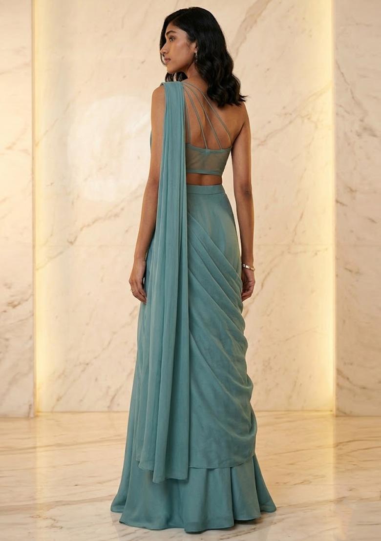 Powder Blue Embroidered Handwork Pre Draped Saree Set - Indya