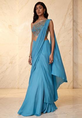 Sky Blue Embroidered Handwork Pre Draped Saree Set
