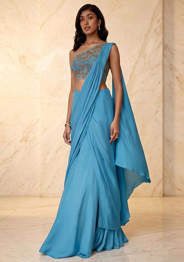 Sky Blue Embroidered Handwork Pre Draped Saree Set - Indya