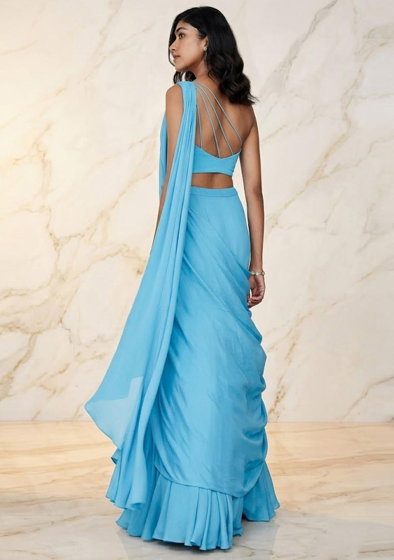 Sky Blue Embroidered Handwork Pre Draped Saree Set - Indya