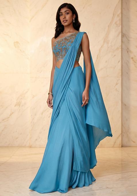 Sky Blue Embroidered Handwork Pre Draped Saree Set
