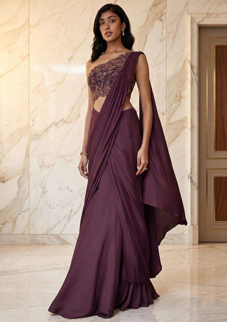 Purple Embroidered Handwork Pre Draped Saree Set - Indya