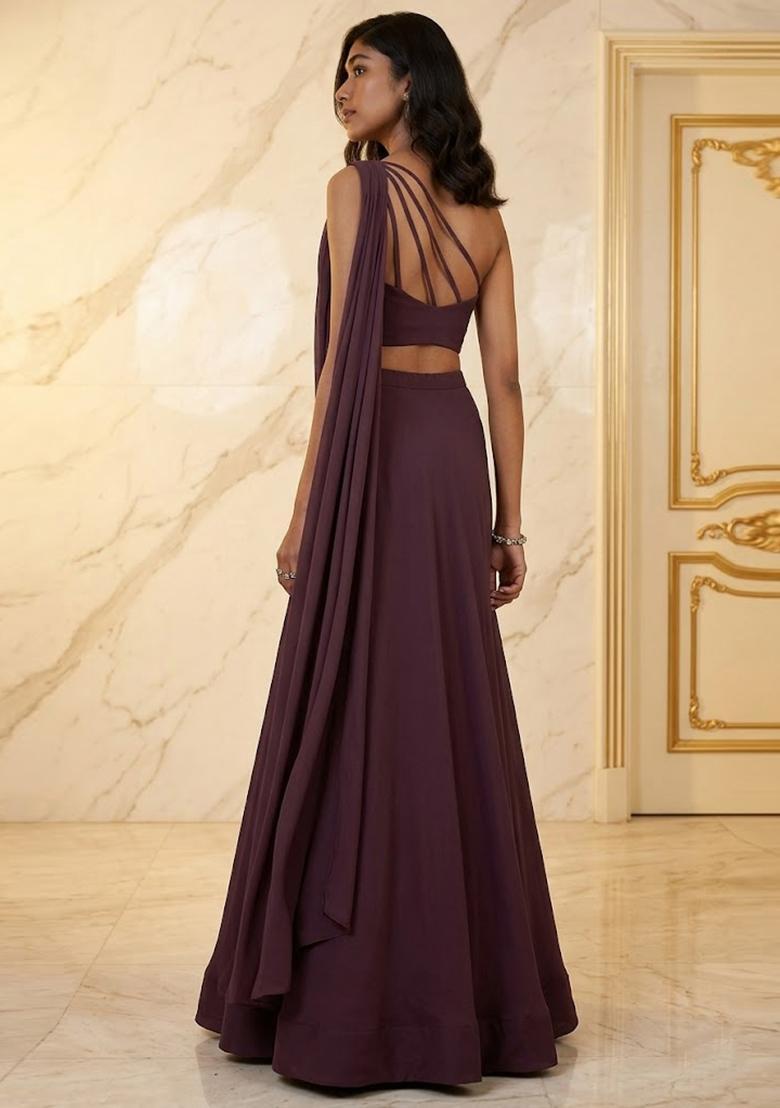 Purple Embroidered Handwork Pre Draped Saree Set - Indya