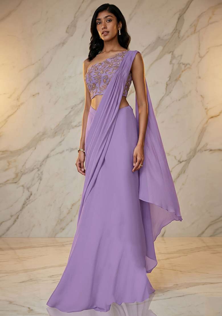 Lavender Embroidered Handwork Pre Draped Saree Set - Indya