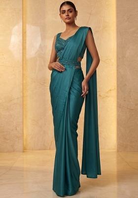 Powder Blue Embroidered Handwork Pre Draped Saree Set