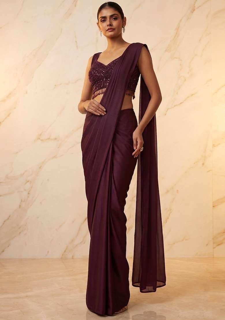Wine Embroidered Handwork Pre Draped Saree Set - Indya
