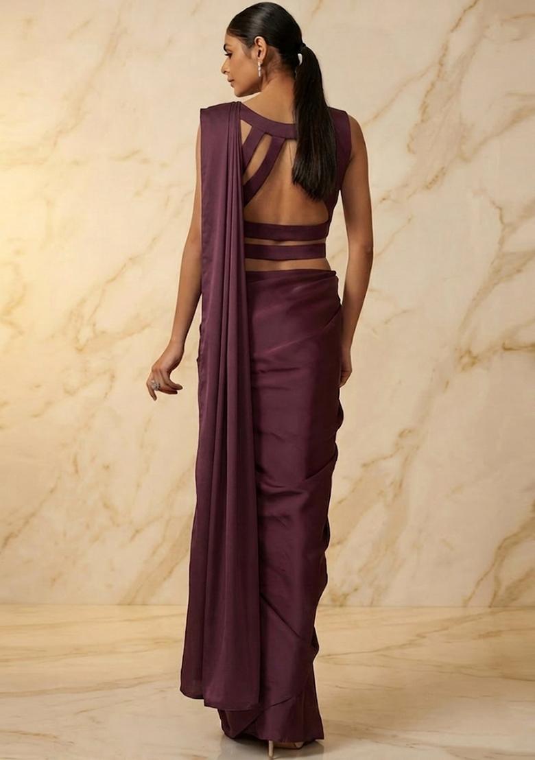 Wine Embroidered Handwork Pre Draped Saree Set - Indya