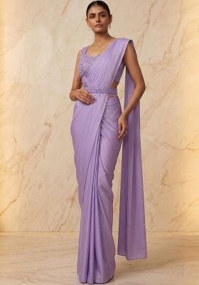 Lavender Embroidered Handwork Pre Draped Saree Set