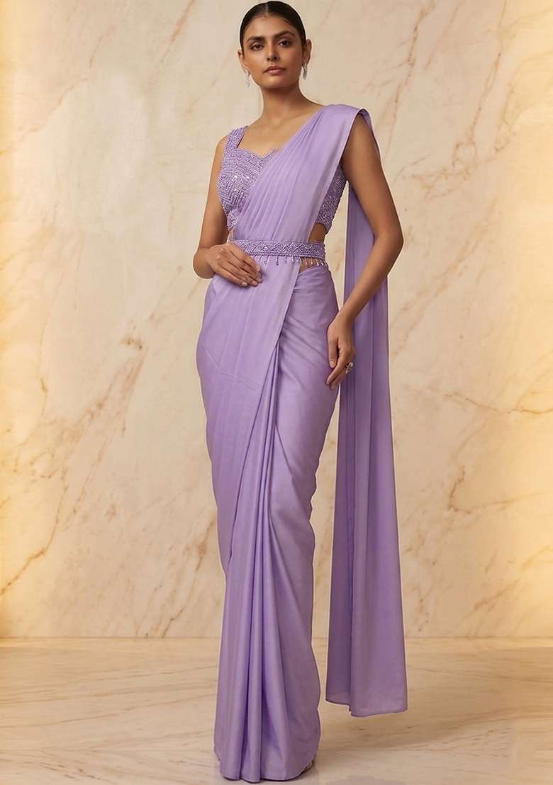 Lavender Embroidered Handwork Pre Draped Saree Set - Indya