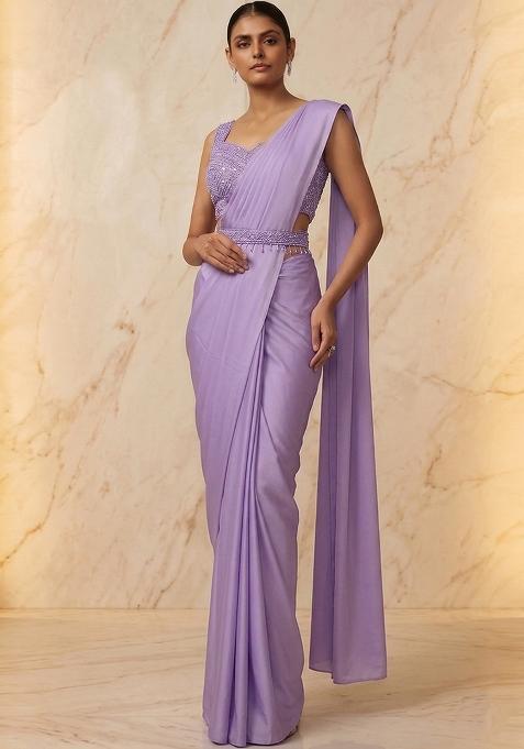 Lavender Embroidered Handwork Pre Draped Saree Set