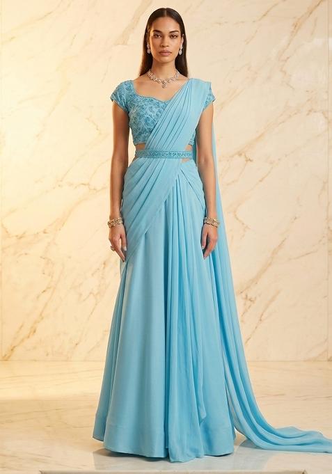 Sky Blue Embroidered Handwork Pre Draped Saree Set
