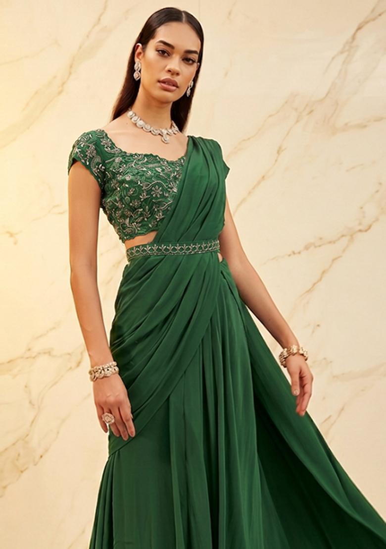 Dark Green Embroidered Handwork Pre Draped Saree Set - Indya