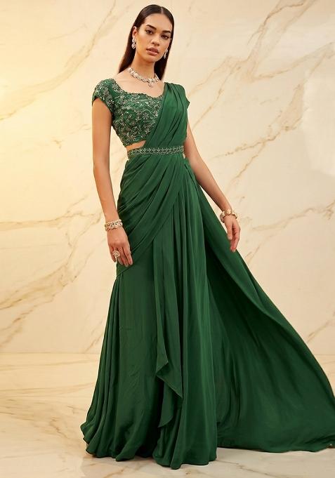 Dark Green Embroidered Handwork Pre Draped Saree Set
