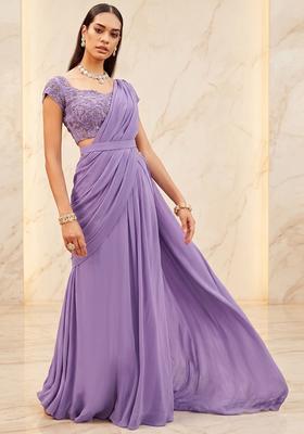 Lavender Embroidered Handwork Pre Draped Saree Set