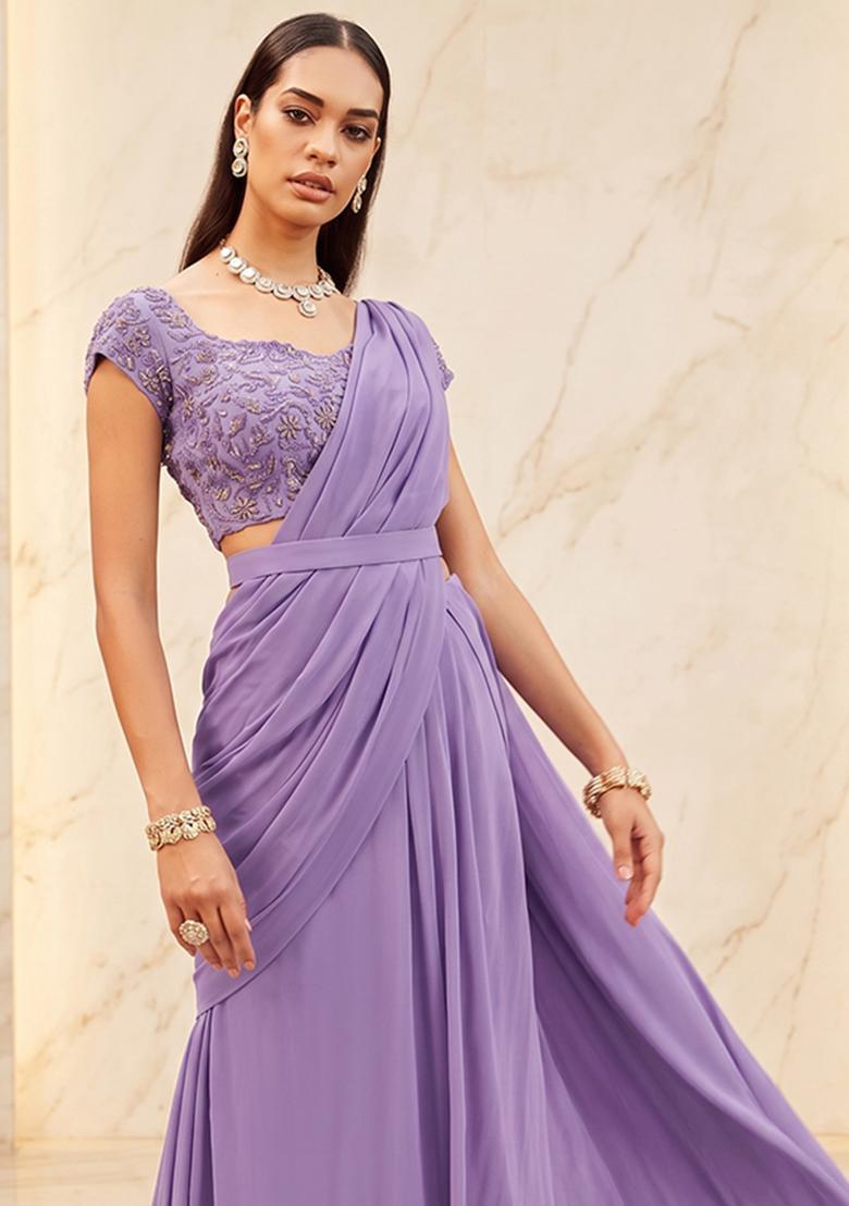 Lavender Embroidered Handwork Pre Draped Saree Set - Indya