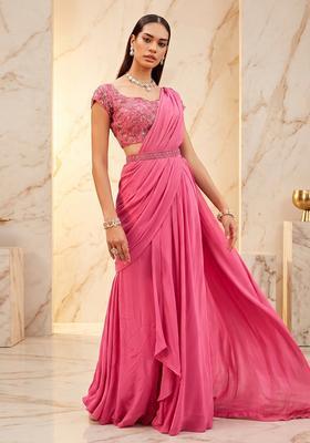 Pink Embroidered Handwork Pre Draped Saree Set