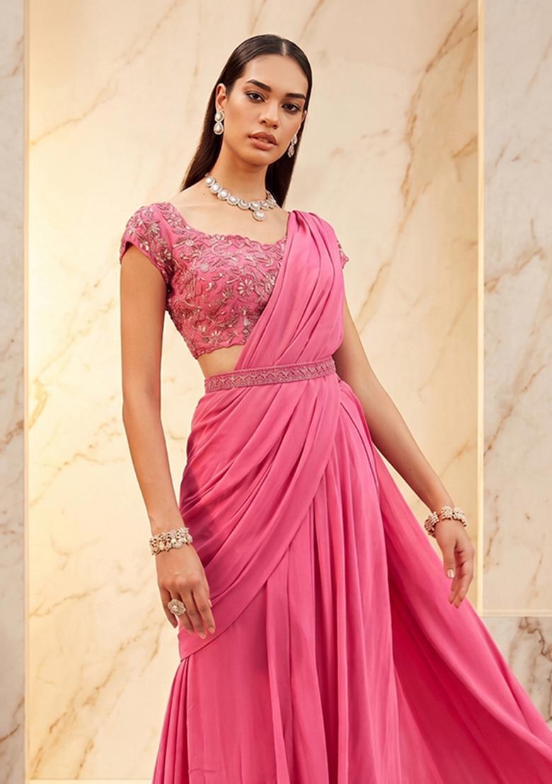 Pink Embroidered Handwork Pre Draped Saree Set - Indya