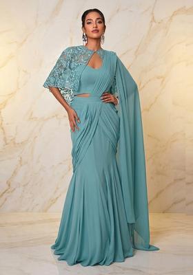 Teal Blue Embroidered Handwork Pre Draped Saree Set