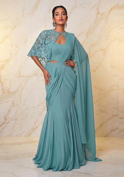 Teal Blue Embroidered Handwork Pre Draped Saree Set