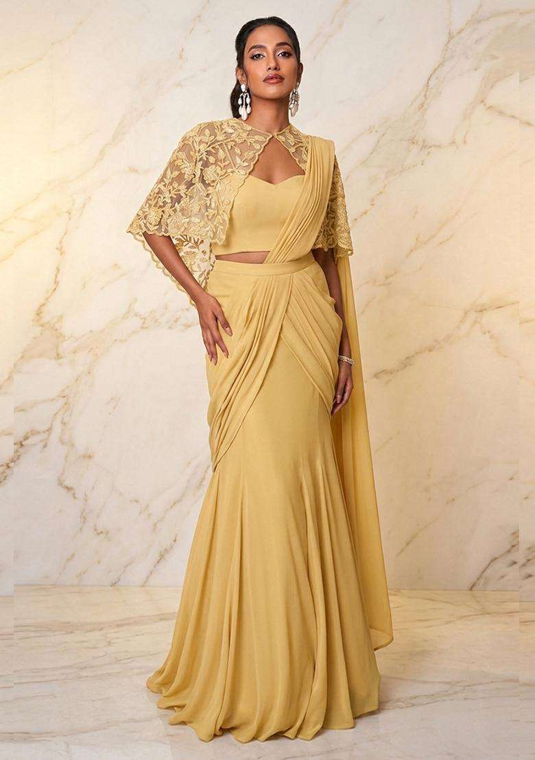 Yellow Embroidered Handwork Pre Draped Saree Set - Indya