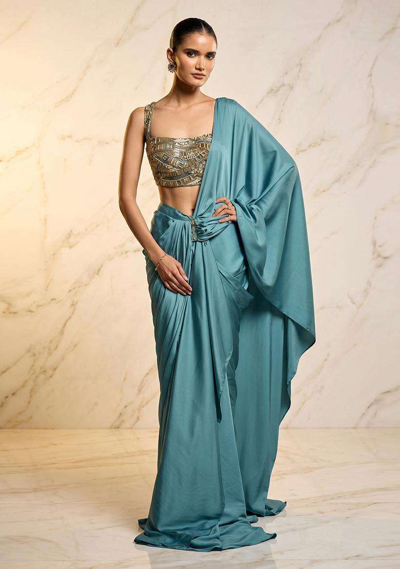Teal Blue Embroidered Handwork Pre Draped Saree Set - Indya