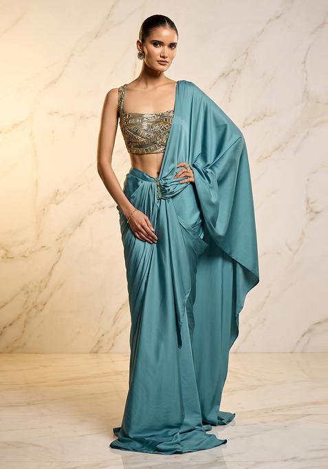 Teal Blue Embroidered Handwork Pre Draped Saree Set