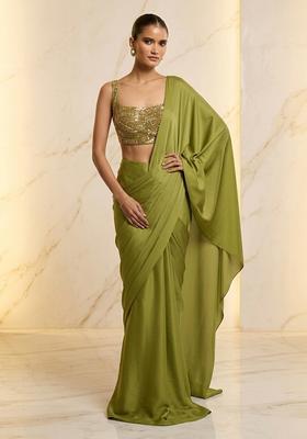 Green Embroidered Handwork Pre Draped Saree Set