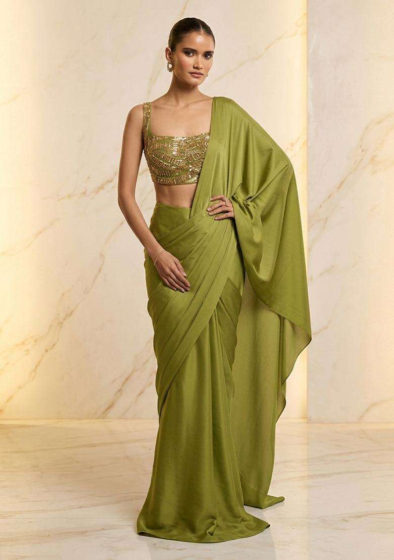 Green Embroidered Handwork Pre Draped Saree Set - Indya