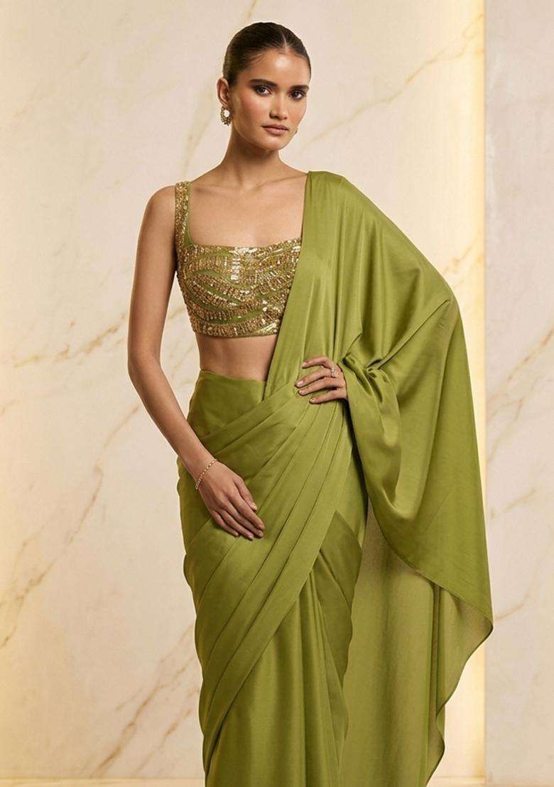 Green Embroidered Handwork Pre Draped Saree Set - Indya