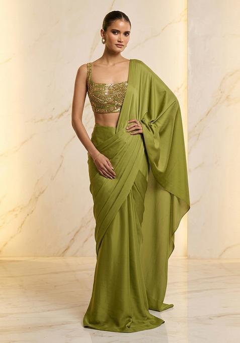 Green Embroidered Handwork Pre Draped Saree Set