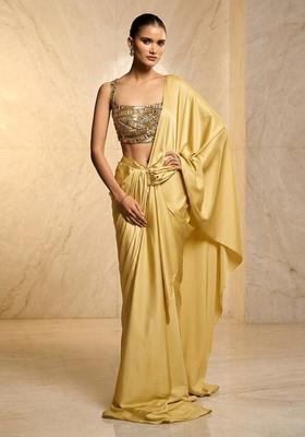 Yellow Embroidered Handwork Pre Draped Saree Set