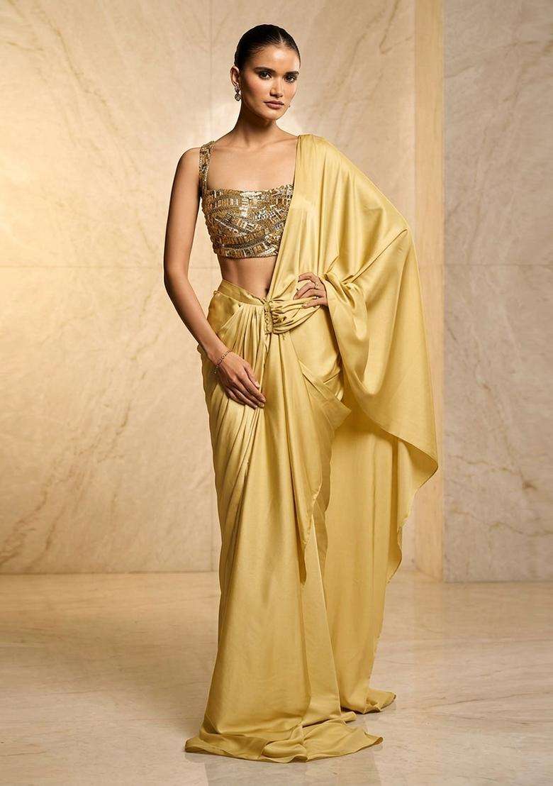 Yellow Embroidered Handwork Pre Draped Saree Set - Indya