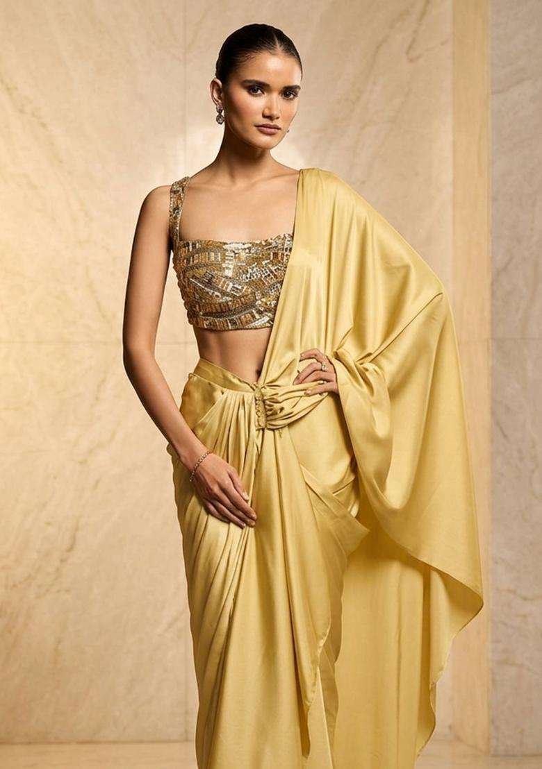 Yellow Embroidered Handwork Pre Draped Saree Set - Indya