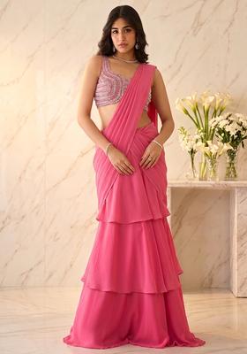 Soft Pink Embroidered Handwork Pre Draped Saree Set