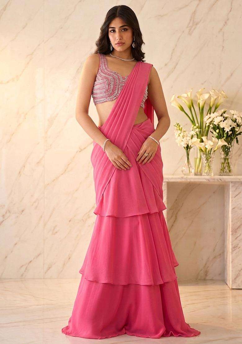 Soft Pink Embroidered Handwork Pre Draped Saree Set - Indya