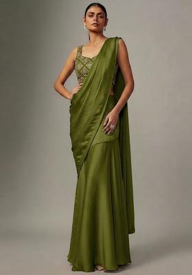 Olive Green Embroidered Crepe Pre Draped Saree Set