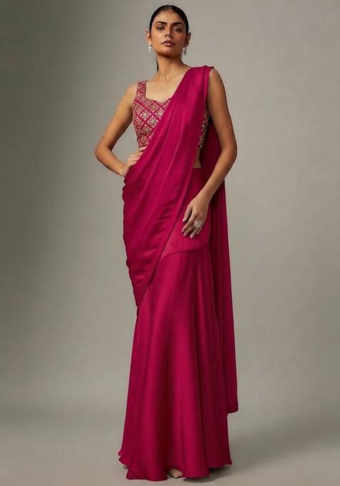 Hot Pink Embroidered Crepe Pre Draped Saree Set