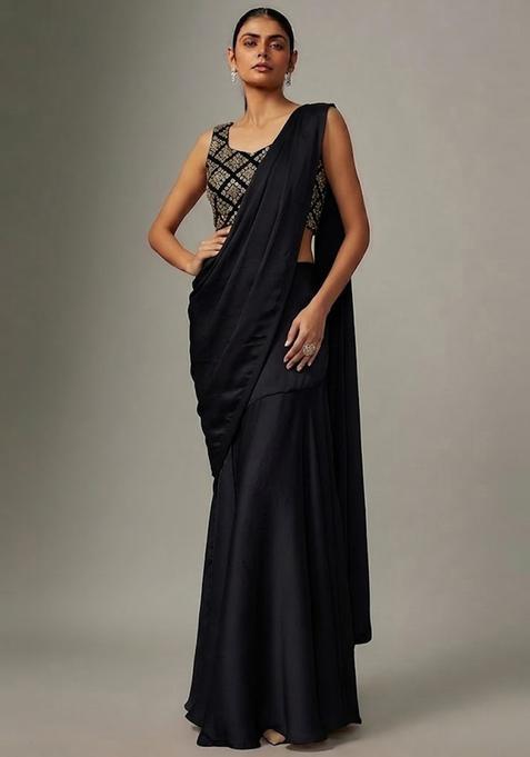 Jet Black Embroidered Crepe Pre Draped Saree Set