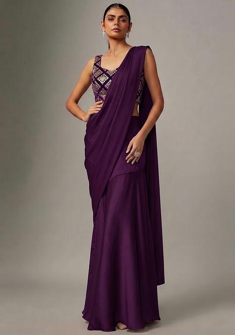 Deep Purple Embroidered Crepe Pre Draped Saree Set