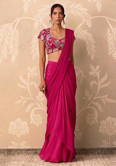 Rani Pink Printed Crepe Pre Draped Saree Set