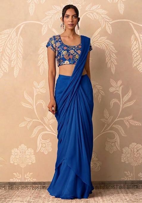 Royal Blue Printed Crepe Pre Draped Saree Set