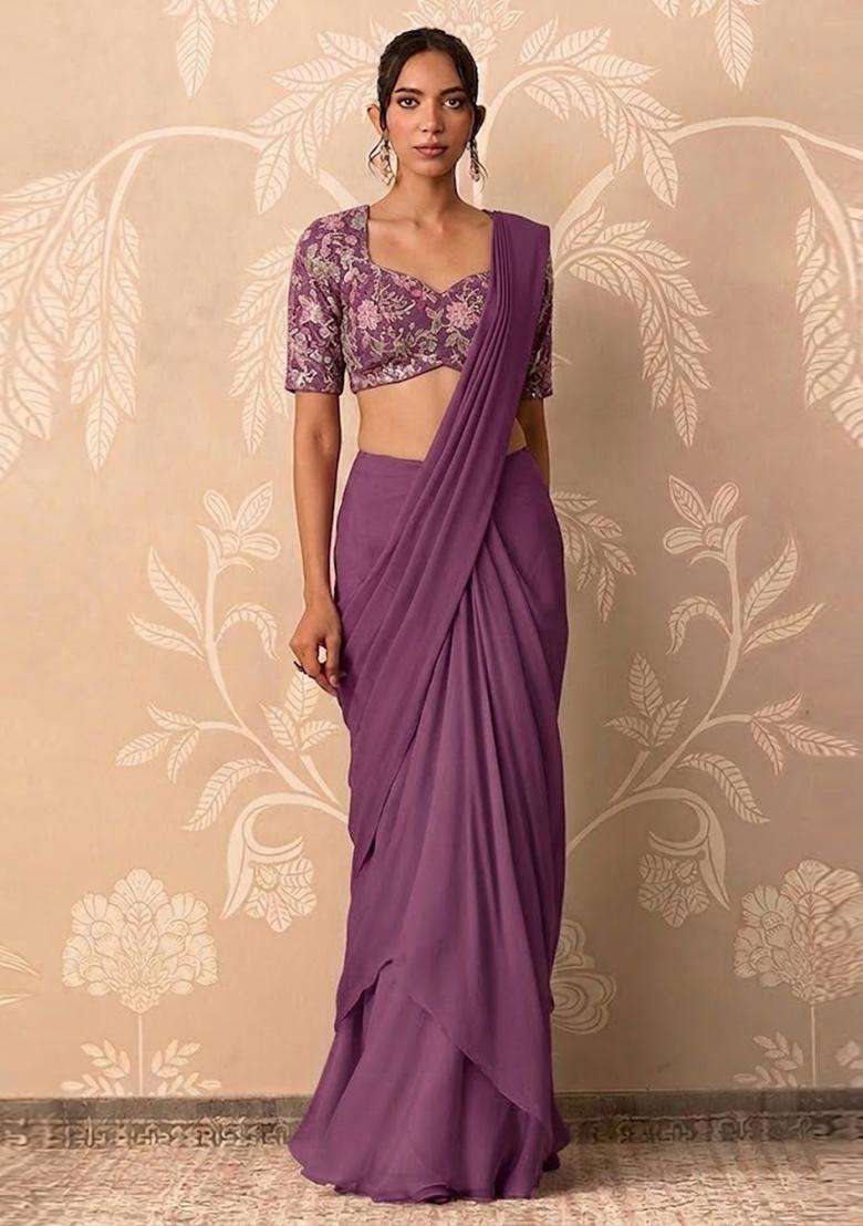 Dusty Mauve Crepe Pre Draped Saree Set with Printed for Diwali | Wedding & Festive Wear - Indya