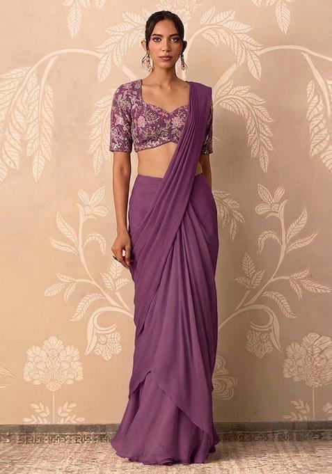 Dusty Mauve Printed Crepe Pre Draped Saree Set