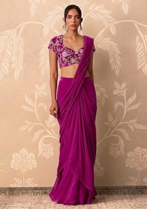 Magenta Pink Printed Crepe Pre Draped Saree Set