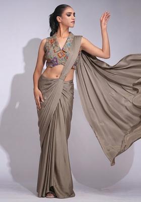 Grey Printed Crepe Pre Draped Saree Set