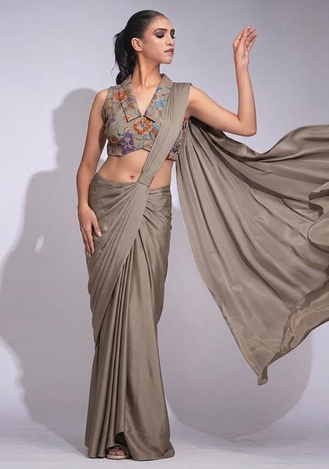Taupe Brown Printed Crepe Pre Draped Saree Set