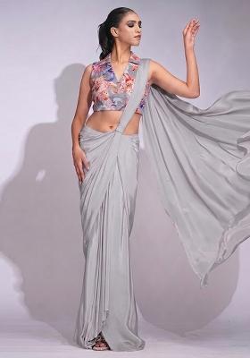 Pearl White Printed Organza Pre Draped Saree Set