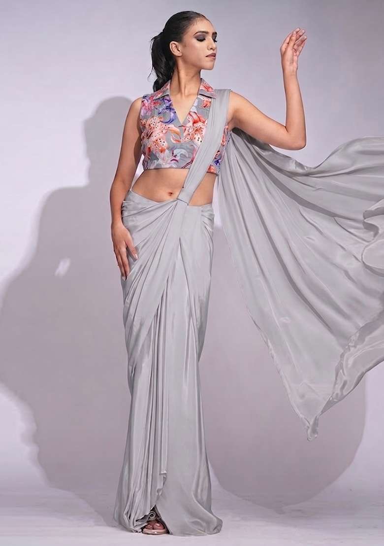 Pearl White Printed Organza Pre Draped Saree Set - Indya