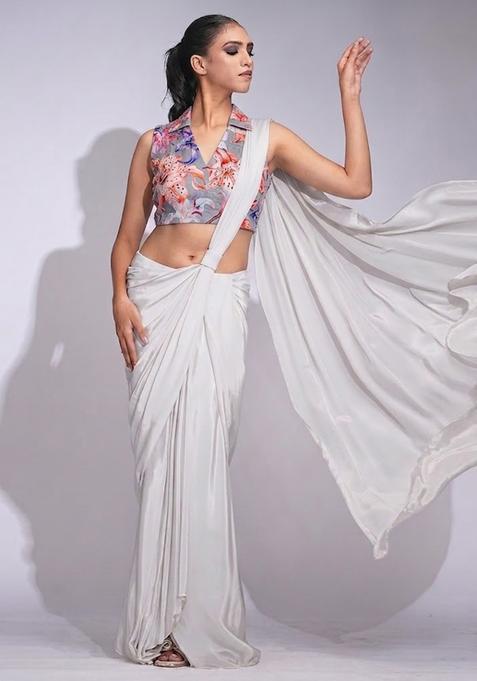 Pearl White Printed Organza Pre Draped Saree Set