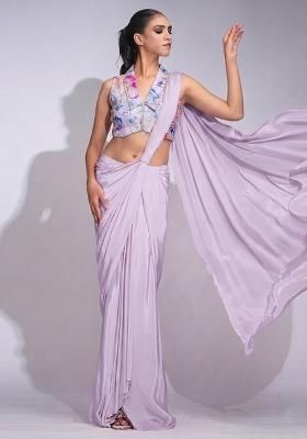 Lilac Printed Organza Pre Draped Saree Set